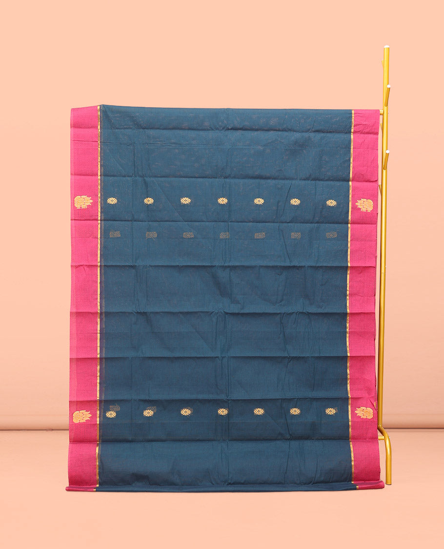 Blue Kanchi Cotton Saree, Adorned with Buttas All Over Its Body, Complemented by Contrast Border, Intricately Thread-Designed Pallu, and Paired with a Matching Blouse