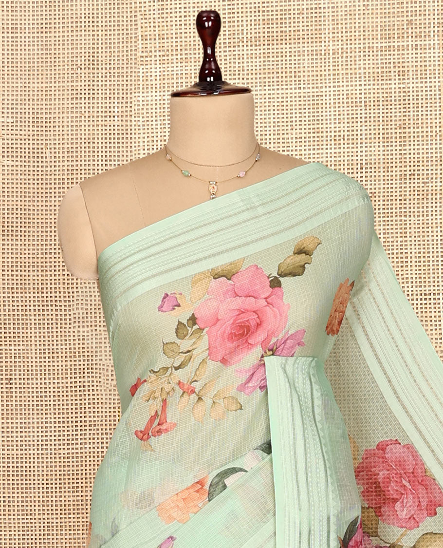 Sea Green Floral Print Kota Saree
