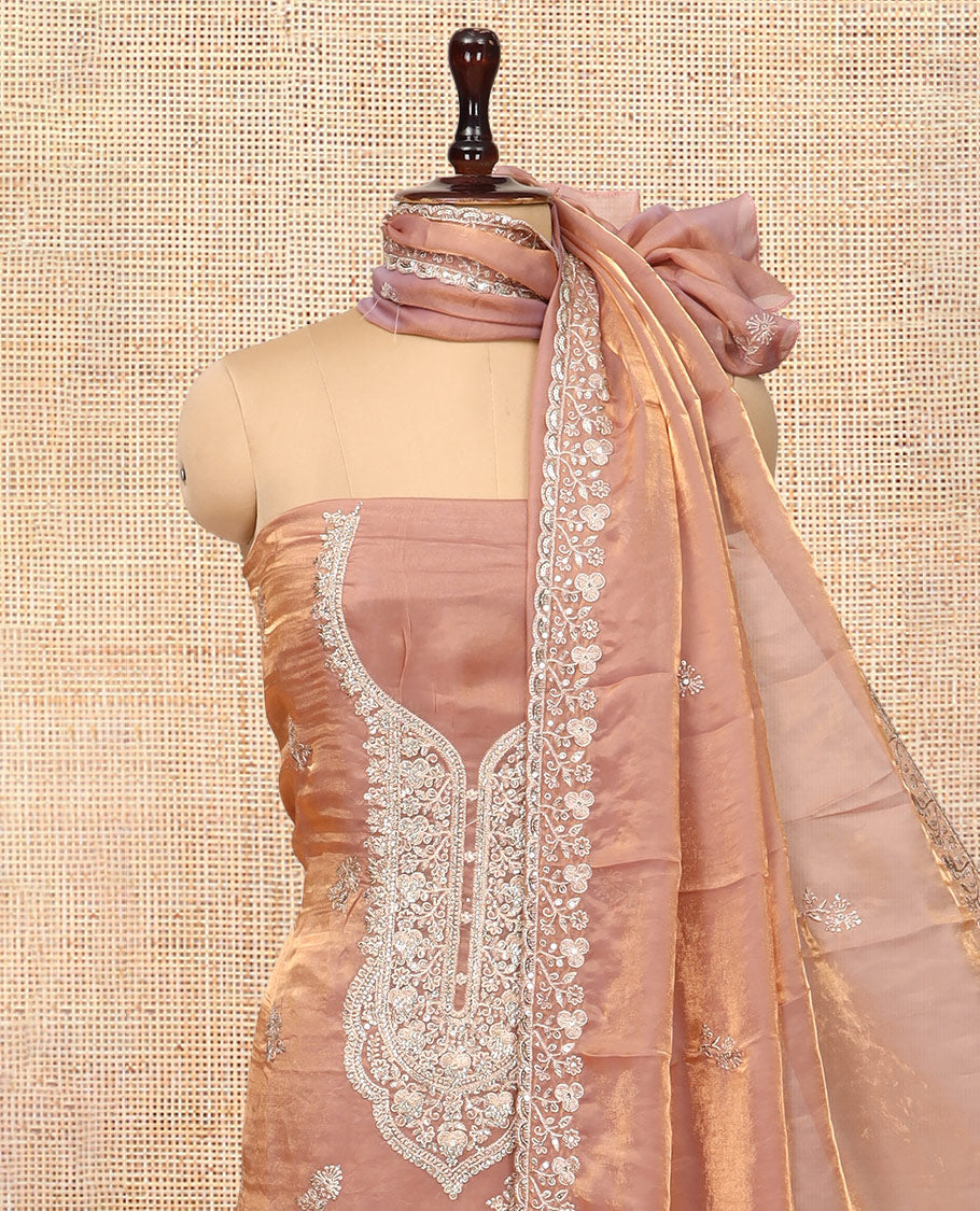 Peach Fendy Organza Material Chudidar Set, Adorned with Neck Embroidered Top, a Santoon Bottom, and a Embroidered Dupatta