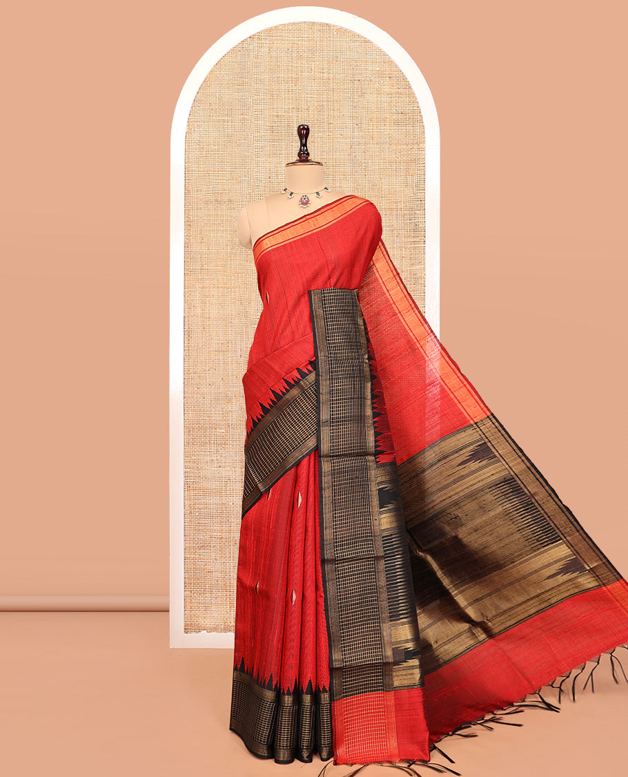 Red Dupion Silk Saree, Adorned with Buttas, Complemented by Contrast Temple-Checked Border, Temple Pallu, and a Contrast Blouse
