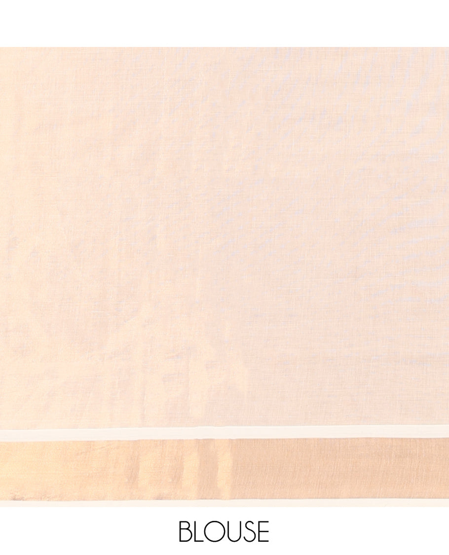 Cream Kerala Cotton Saree, Decorated with Zari Buttas All Over Its Body, a Zari Bavanji Border, Pallu of Intricate Designs, and Paired with a Matching Blouse