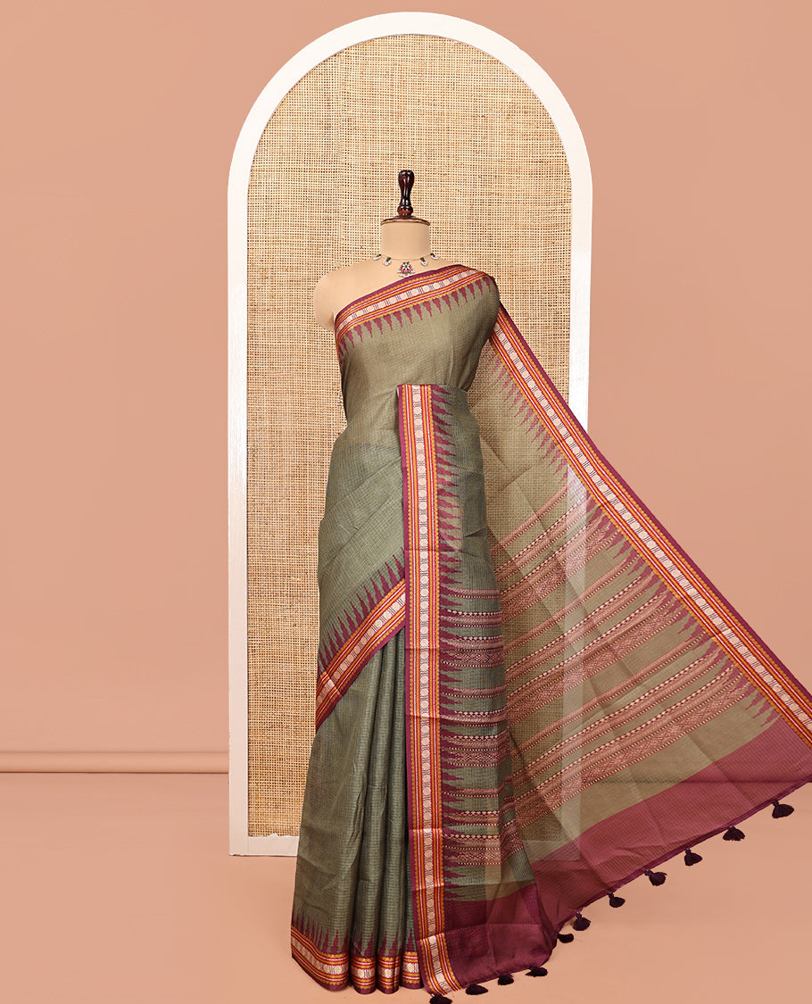 Olive Green Kota Saree, a Contrast Temple Thread Traditional Border and Contrast Blouse