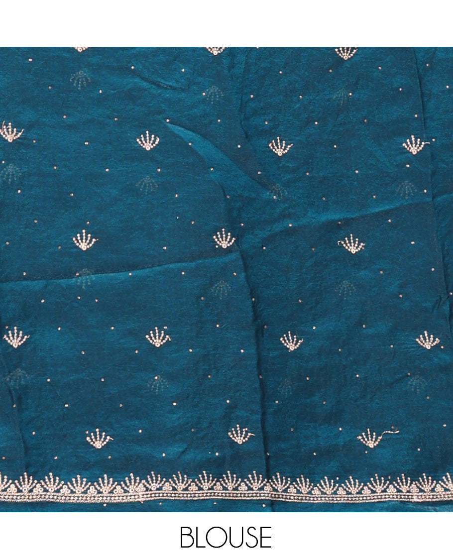 Peacock Blue Banarasi Half-Saree, Impeccably Styled with Embroidered Skirt, a Floral Embroidered Border, a Matching Blouse, and Contrast Scallop Embroidered Dupatta
