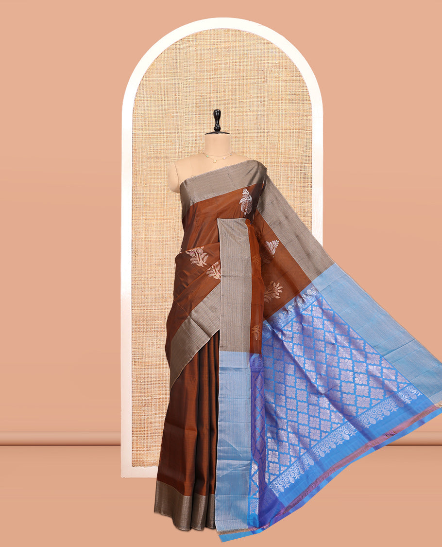 Brown Uppada Saree, Elevated with Floral Buttas, a Bavanji Border, Contrast Intricate Pallu, and a Contrast Blouse