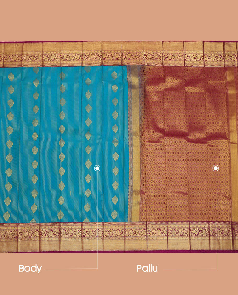 Blue Budget Silk Saree, Embellished with Zari Buttas and Stripes All Over Its Body, Complemented by a Contrast Traditional Zari Design Border, Grand Pallu, and Paired with a Contrast Blouse