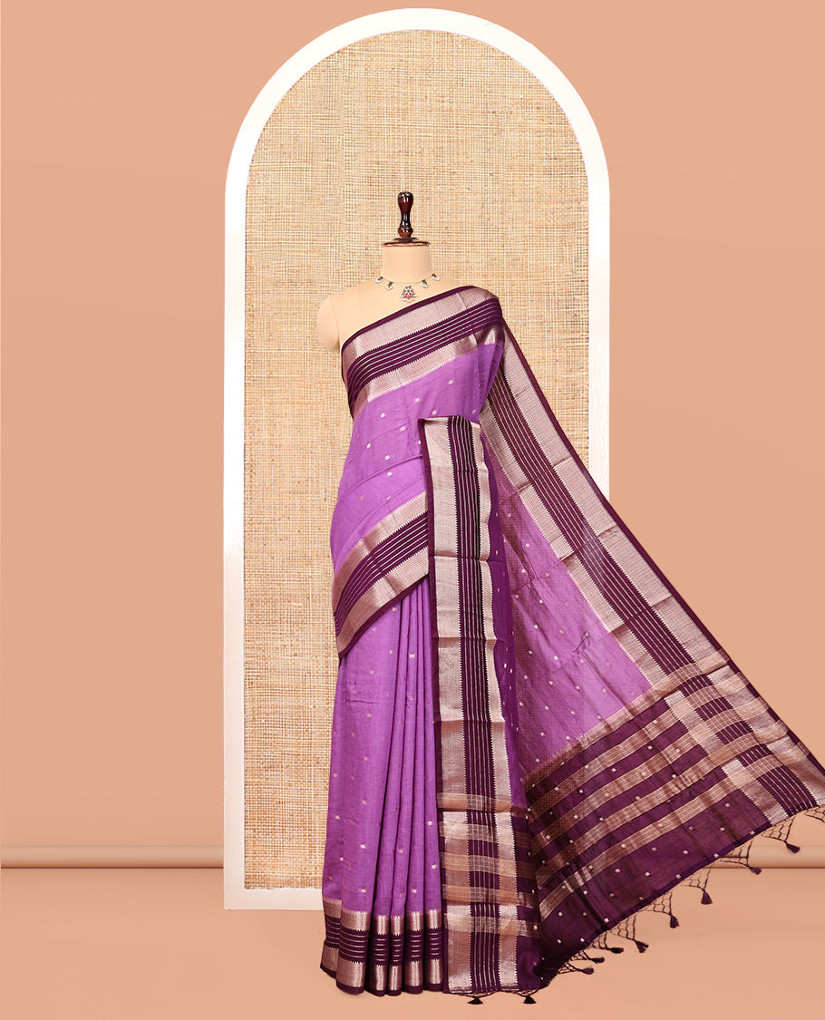 Light Purple Assam Silk Saree, Embellished with Zari Buttas, Complemented by a Contrast Traditional Zari Border, Striped Pallu, and a Contrast Blouse