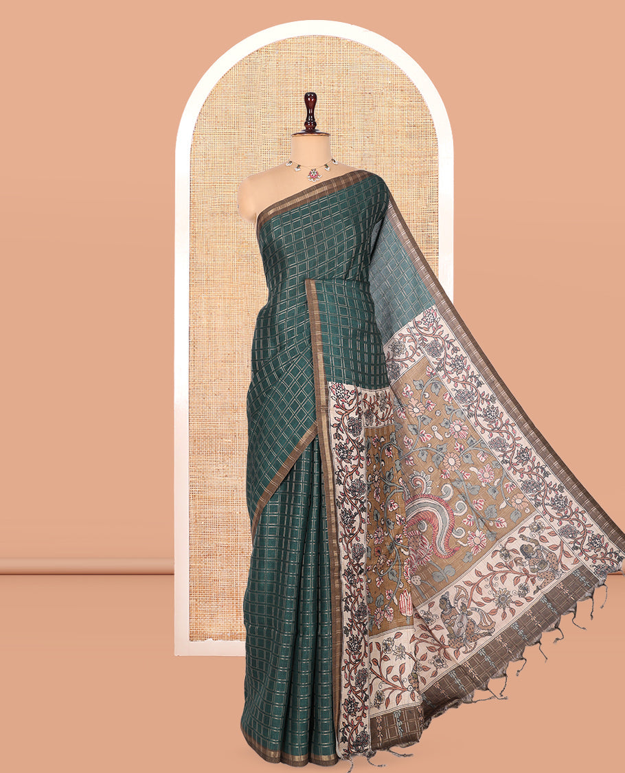 Bottle Green Fancy Tussar Silk Saree, Accentuated with Checked Design, Contrast Zari Piping Border, Kalamkari Pallu, and Contrast Kalamkari Printed Blouse