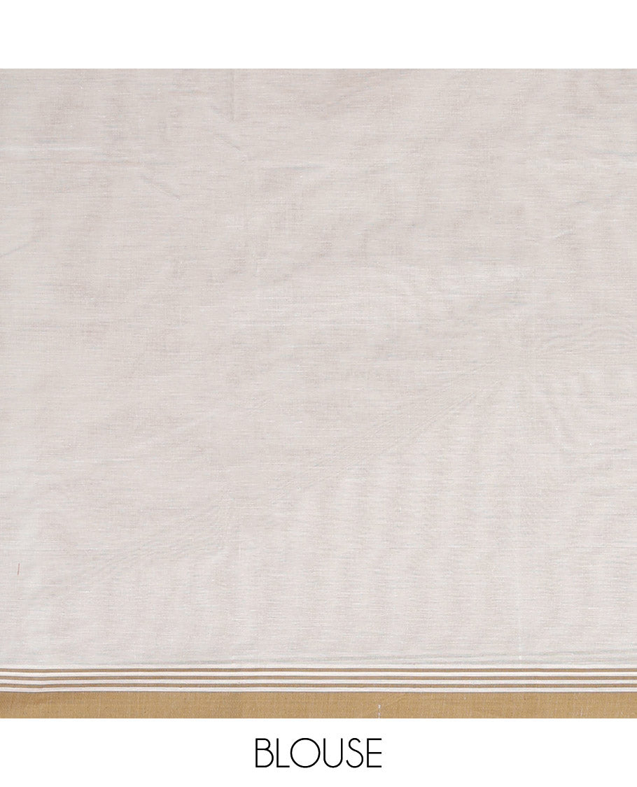 Off-White Kanchi Cotton Saree, Prettified with Peacock Buttas All Over Its Body, Complemented by Contrast Border, Pallu of Jaal Designs, and Paired with a Matching Blouse