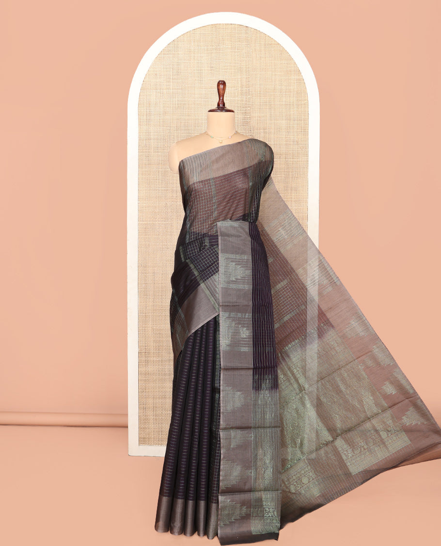 Black Silk Cotton Saree, Bedecked with Stripes and Checks, Complemented by a Contrast Temple Border, Intricately Designed Pallu, and a Contrast Blouse