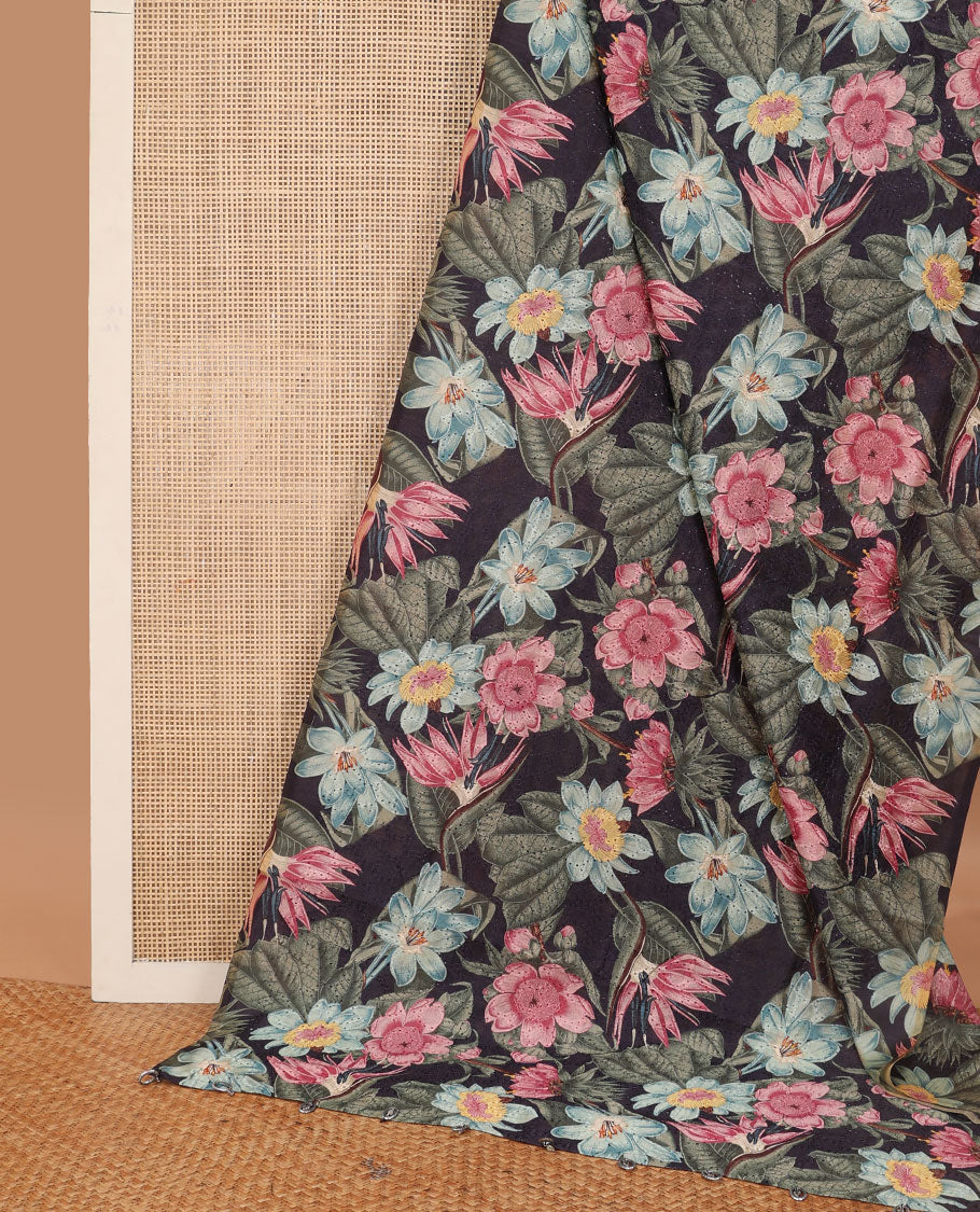 Borderless black floral design, thread embroidery kamala silk saree with contrast plain blouse