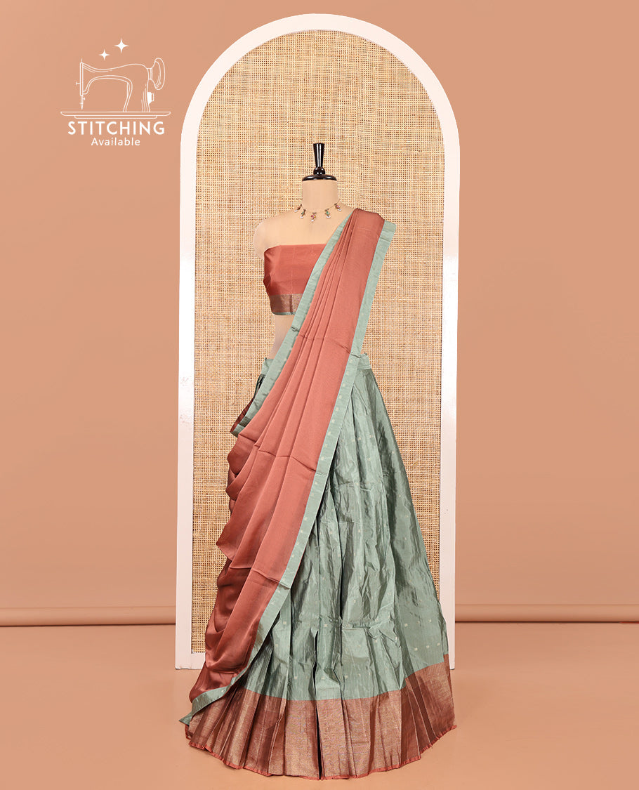 Steel Grey-Rust Taffeta Silk Half-Saree Featuring Buttas Skirt, Contrast Border, Contrast Blouse, Contrast Plain Dhavani
