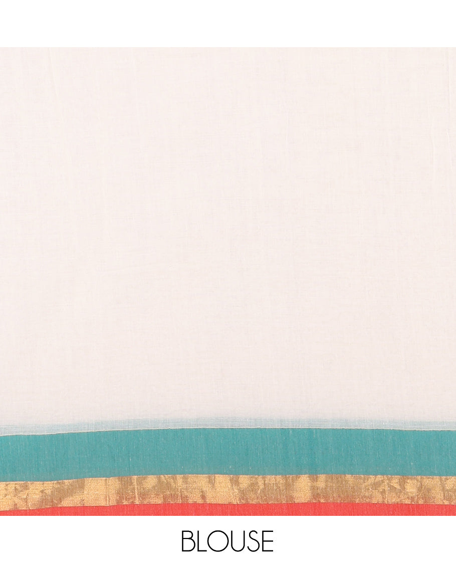 Cream Plain Khadi Mul Cotton Saree, Complemented by a Contrast Tri-Colored Border, a Self-Pallu, and a Matching Blouse