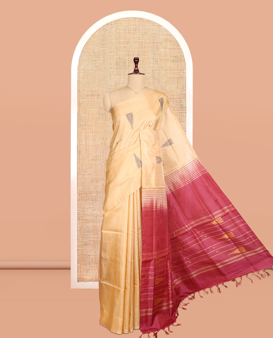 Borderless Sandal Temple Buttas Banana Pith Saree, a Contrast Pallu of Temple Buttas and Stripes, and a Contrast Blouse