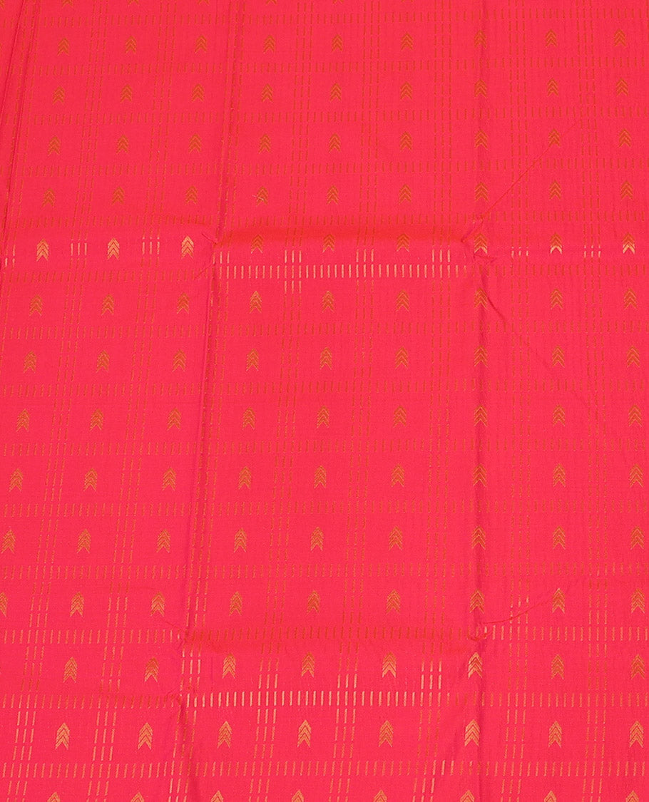 Pink Art Silk Pavadai Material Set, Beautified with Zari Butta Enclosed Checks All Over the Skirt, Complemented by a Contrast Paisley Zari Border, and Paired with a Contrast Blouse