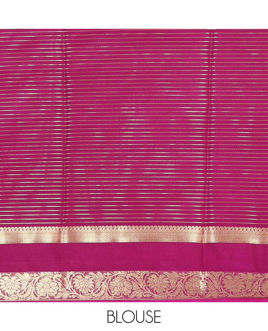 Orange gold zari horizontal striped art crepe saree, contrast rettai pettu, floral creeper zari border, zari design pallu, and a contrast zari design blouse