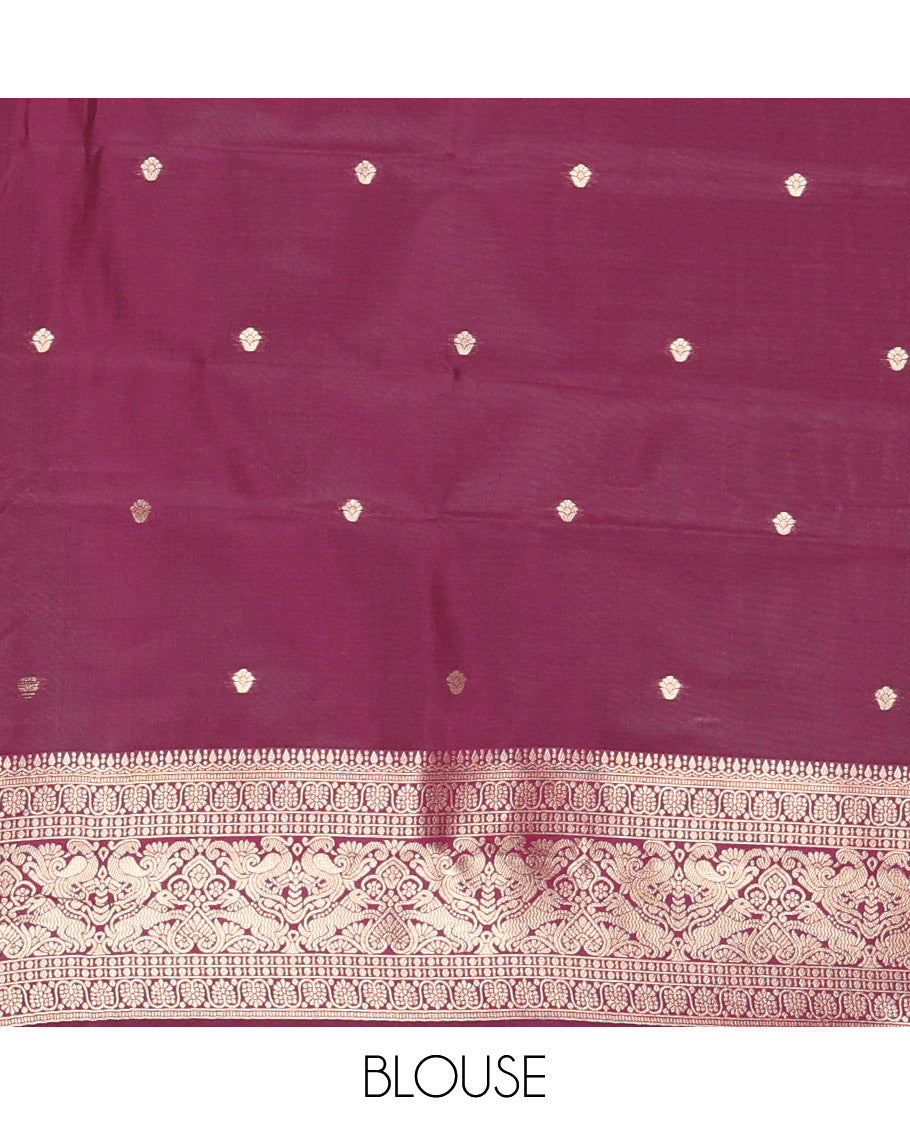 Beige Litchi Saree Features Buttas and Checks, Contrast Traditional Peacock Border, Intricate Pallu, and a Contrast Blouse