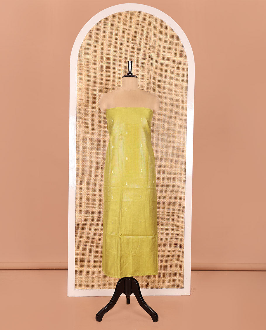 Green Material Chudidhar Set, Delicately Woven with Dotted Stripes and Buttas on Its Semi-Silk Top, Plain Cotton Bottom, and Semi-Silk Dupatta Illustrating Pichwai Cow and Floral Print