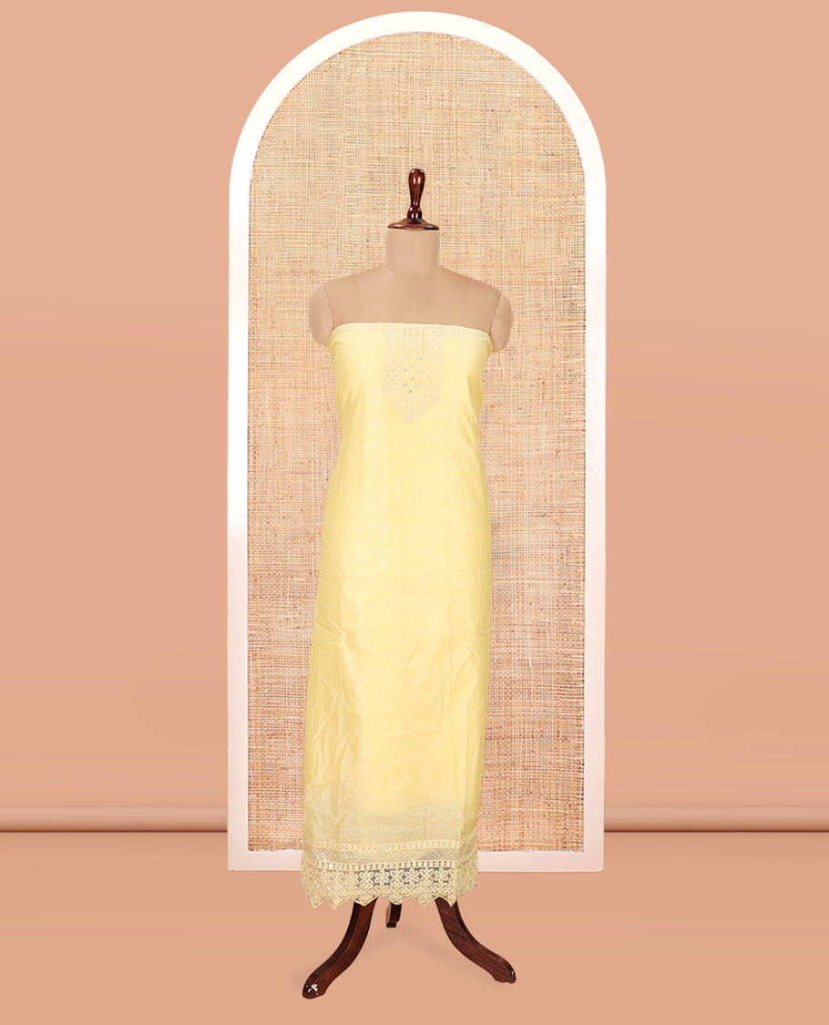 Yellow Mul Chanderi Material Chudiddar, Embroidered Top, Plain Bottom, Zari Striped Dupatta