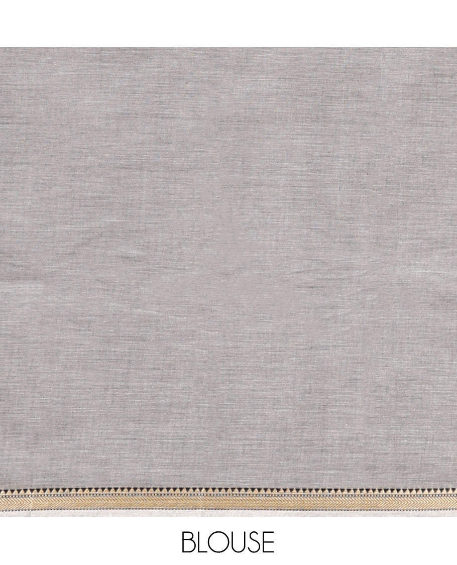 Grey Plain Chettinad Cotton Saree, a Temple Traditional Thread Piping Border, Striped Pallu, and a Matching Blouse