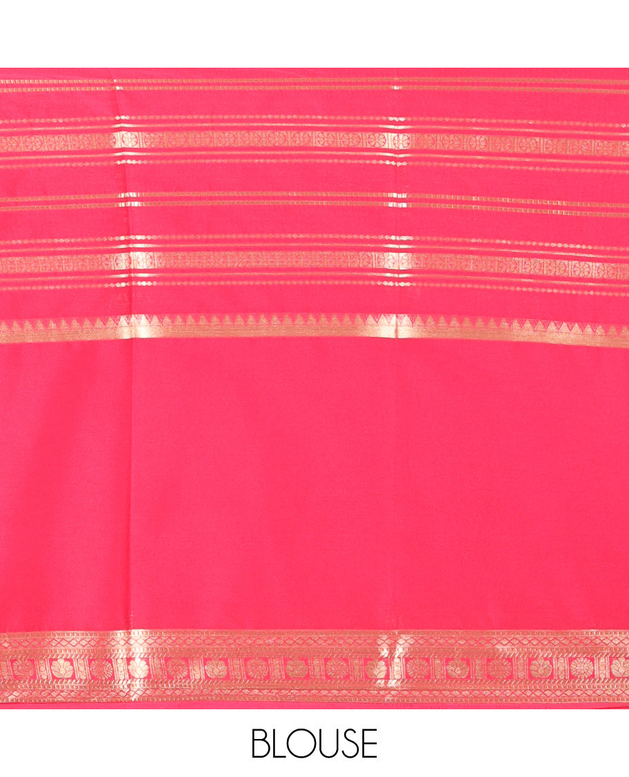 Rani Pink Zari Striped Art Mysore Crepe Saree, a Contrast Traditional Zari Big Border, a Grand Pallu, and a Contrast Blouse