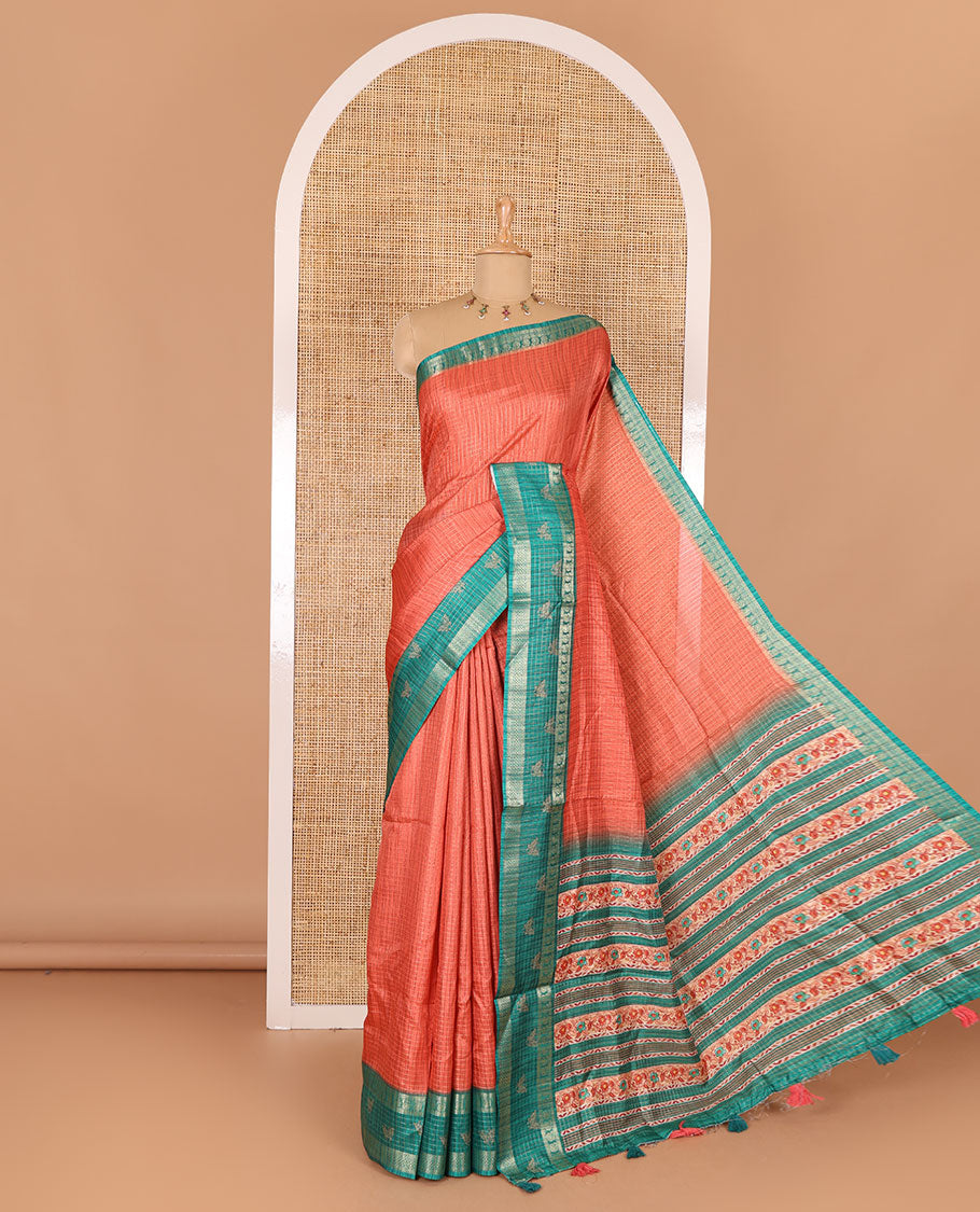 Orange gold zari checked katan silk saree with contrast traditional zari border of butterfly print, floral vine printed pallu, and a contrast printed blouse