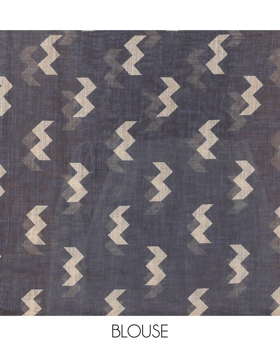 Borderless Green Linen Cotton Saree, Elegantly Printed with Zig-Zag Geometric Motifs, Pallu Mirrors the Same Motifs, and Paired with a Contrast-Printed Blouse