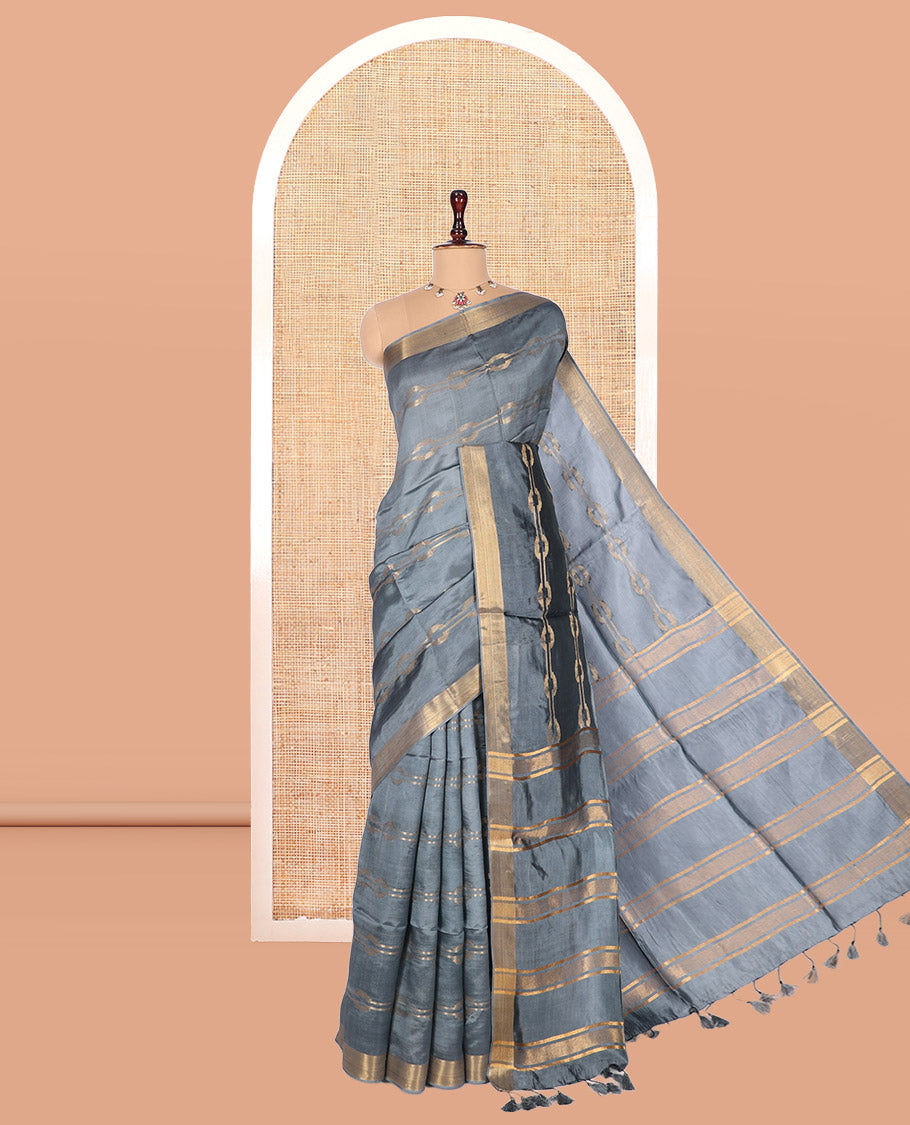 Grey Banana Pith Saree, Ornamented with Zari Designs, a Zari Border, Striped Pallu, and Matching Blouse