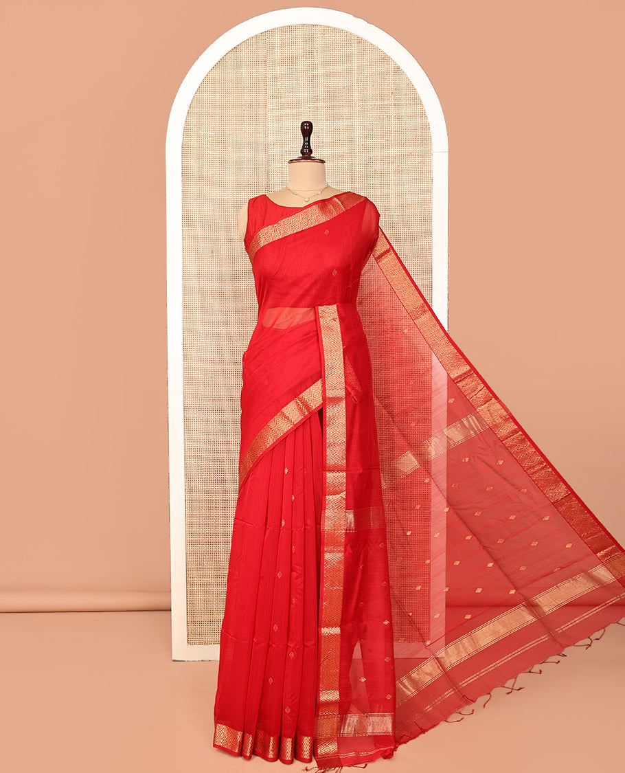 Red Maheshwari Cotton Saree, Elevated with Buttas on Its Body, Highlighted by Chevron Zari Design Border, Pallu of Zari Designs, and Paired with a Matching Blouse