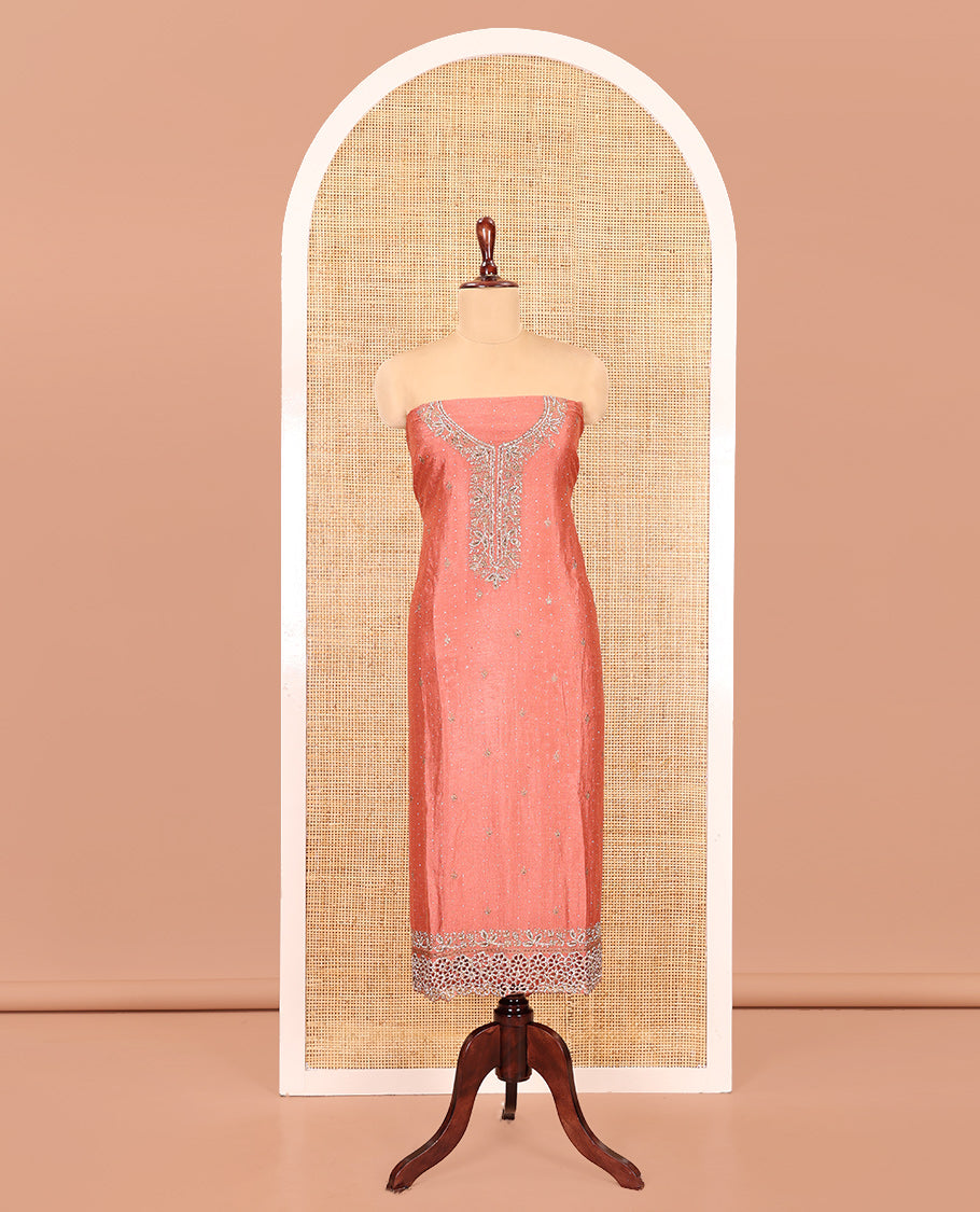 Onion Pink Vichitra Silk Material Chudidar, Embroidered and Cut-work Top, Santoon Bottom, and an Embroidered Dupatta