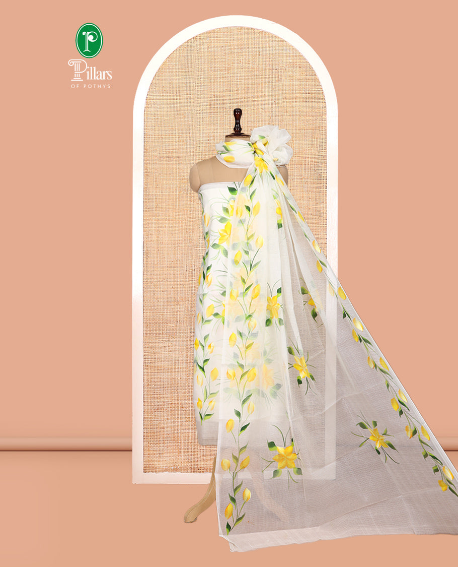 Milk White Net Kota Material Churidar, Adorned with Hand-Brush Painting Floral Printed Top, a Plain Bottom, and Hand-Brush Floral Printed Dupatta