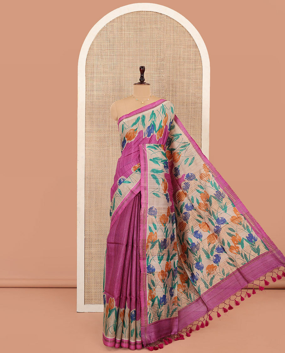 Rani Pink Plain Tussar Silk Saree Colorfully Printed with Hand-Brush Painting-Style Floral Motifs, Pallu Beautified with Floral Print, and Paired with a Contrast Blouse