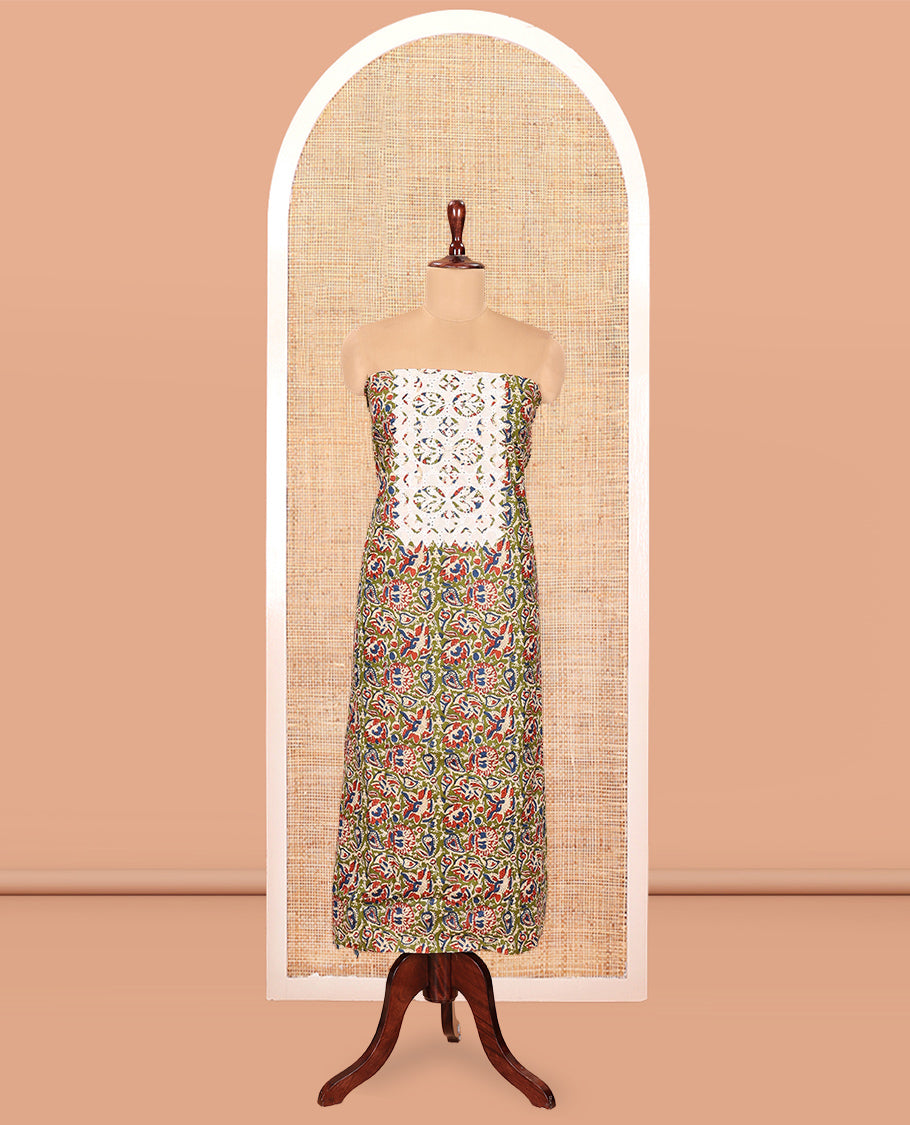 Mehendi Cotton Material Chudidar, Floral Printed Hakoba Top, a Contrast Bottom, Print-Hakoba Dupatta