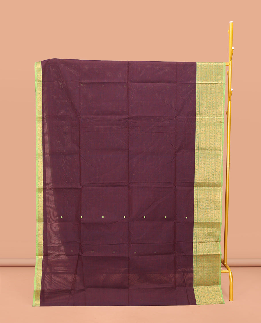 Brown Chettinad Cotton Saree, Accentuated with Thread Buttas All Over Its Body, Complemented by a Contrast Traditional Zari Design Woven Temple Border, Pallu of Stripes, and Paired with a Matching Blouse