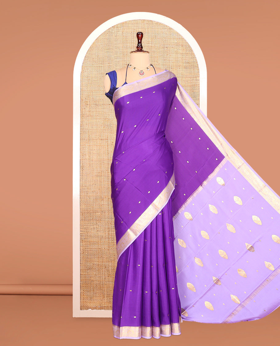 Violet Zari Buttas Mysore Silk Saree, Complemented by a Contrast Traditional Zari Border, Zari Design Pallu, and a Contrast Blouse
