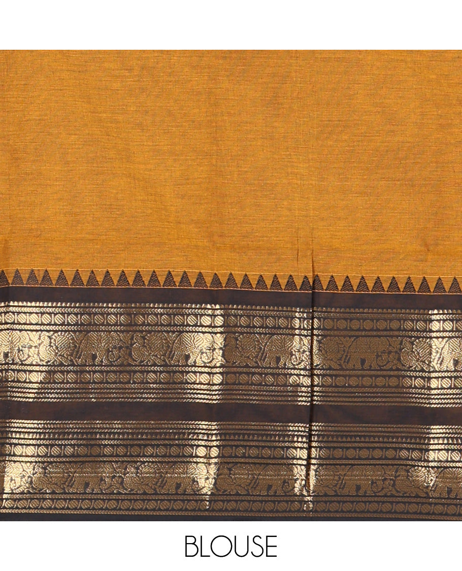 Mustard Plain Chettinad Cotton Saree, Complemented by a Contrast Rettai Pettu Dual-Color Zari Border of Temple, Coin, Elephant, and Peacock Designs, Subtly Striped Pallu, and Paired with a Matching Blouse