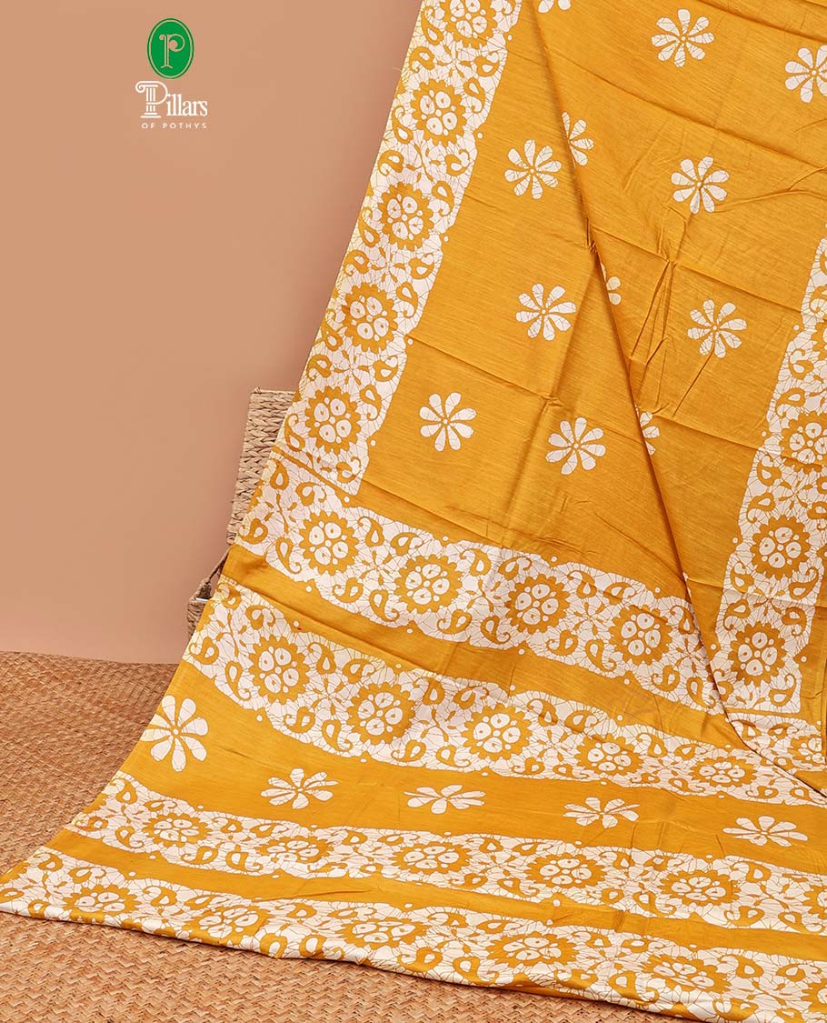 Mustard pathik print dola soft silk saree with smally carry design print blouse