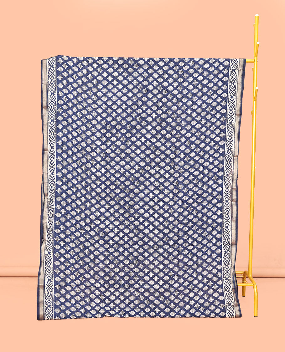 Blue Mul Mul Cotton Saree, Ornamented with Block Print, a Piping Border, Geometric-Printed Pallu, and a Matching Blouse