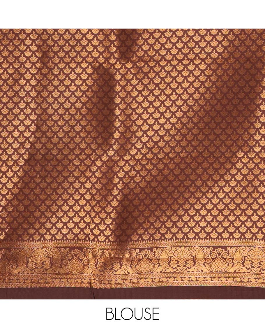 Rust orange-brown zari jacquard kanchi silk saree, contrast muniya motifs border, jaal pallu, and a jacquard blouse