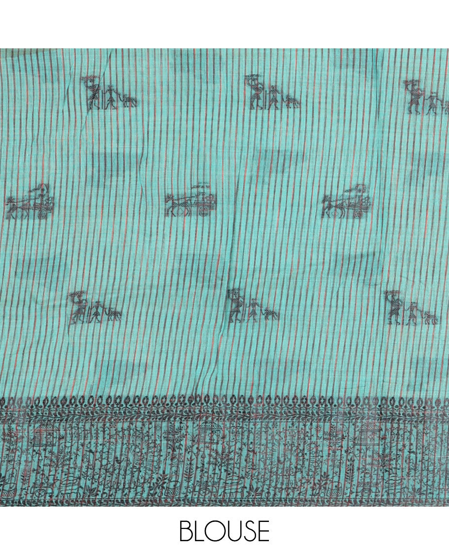 Rama Chanderi Cotton Saree Delicately Woven with Warli Motifs All Over Its Body, Featuring a Subtly Sparkled Border Depicting Warli Village Motifs, Subtly Striped Pallu, and Paired with a Matching Blouse