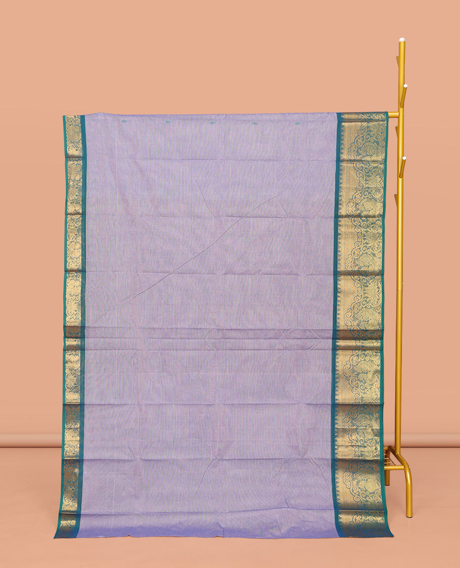 Blue Chettinad Cotton Saree, Sparsely Woven with Buttas All Over Its Body, Complemented by a Contrast Traditional Zari Border of Peacock Design, Subtle Pallu, and Paired with a Matching Blouse