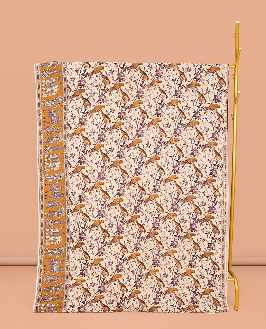 Light-Sandal Machine-Printed Kalamkari Cotton Saree, Elevated with Floral and Bird Motifs on Its Body, Complemented by a Contrast Border, Pallu of Radha Krishnan Motifs Print, and Paired with a Printed Blouse