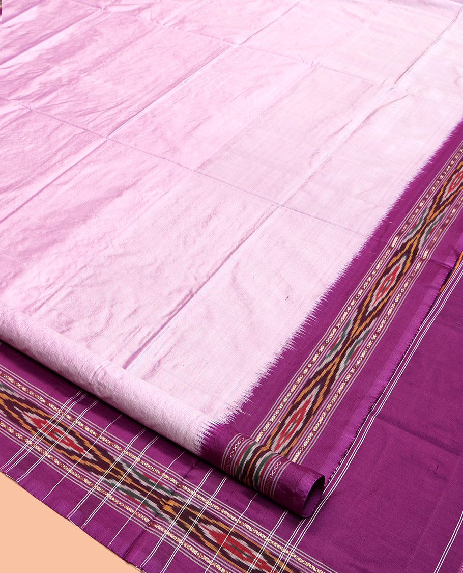 Light Lavender Plain Pochampally Ikat Silk Saree, Complemented by a Contrast Ikat Textured Border, Ikat Pallu, and No Blouse