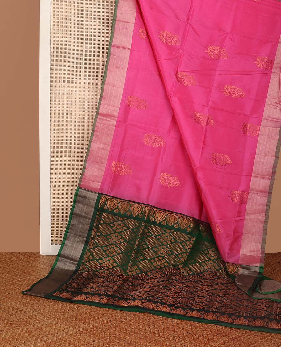 Pink floral motifs uppada saree with contrast zari border & floral design pallu