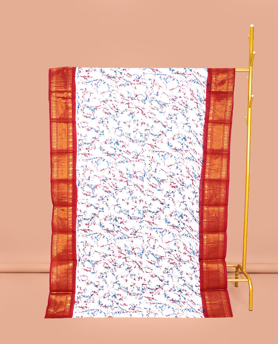 White-Red Sungudi Cotton Saree, Uniquely Adorned with Paint-Like Splashes on Its Body, Complemented by a Contrast Traditional Zari Design Border, Zari-Striped Pallu, and Has No Blouse