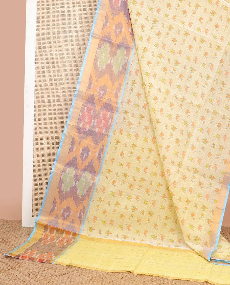 Lemon yellow camel motifs chirala cotton saree with contrast floral design border & striped pallu