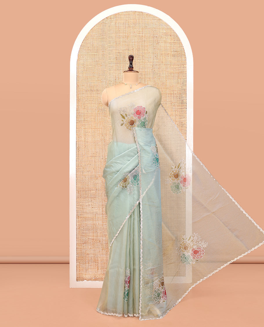 Blue Designer Saree, Creatively Designed with Floral Print and Outline Embroidery On Its Body, Scallop Stone Work Border, and Paired with a Matching Blouse
