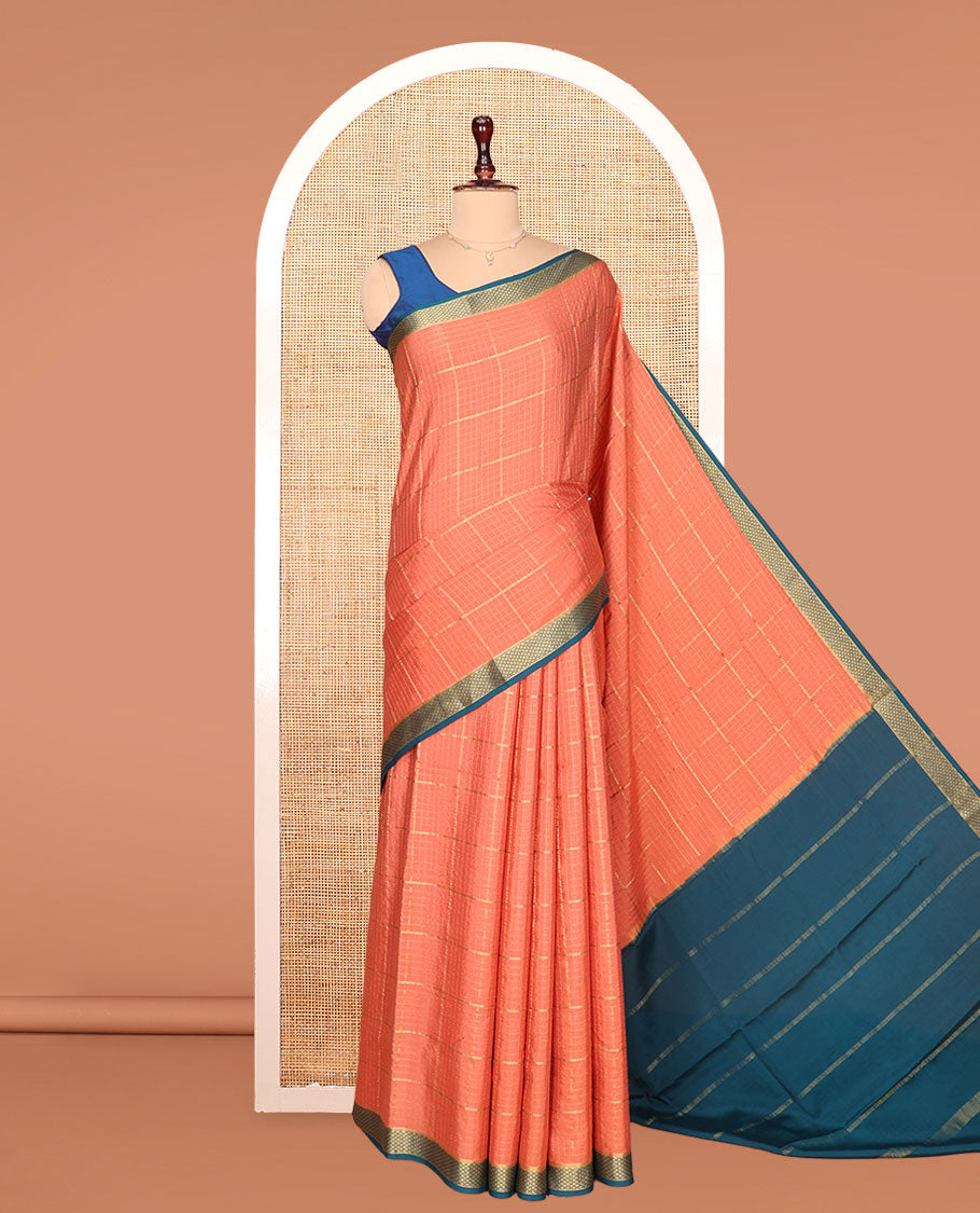 Orange Mysore Silk Saree, Gleamed Up with Zari Checked Design on Its Body, Complemented by a Contrast Traditional Zari Design Border, Sparsely Woven Pallu of Stripes, and Paired with a Contrast Blouse