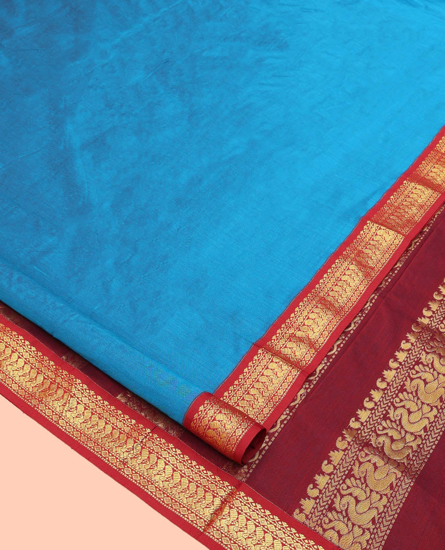 Blue Plain Nine Yard Cotton Saree, Complemented by Contrast Traditional Zari Design Border, Pallu of Traditional Designs, and Comes Without a Blouse