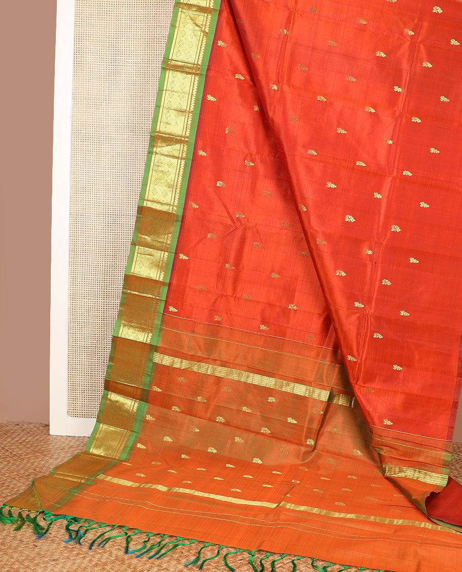 Orange zari buttas Kanchipuram silk saree, contrast one-sided border of thilakam mokku,banaras & jaal & zari design pallu