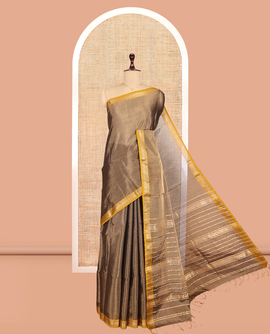 Brown Plain Maheshwari Cotton Saree, a Contrast Traditional Zari Border, Zari Striped Pallu, and a Matching Blouse